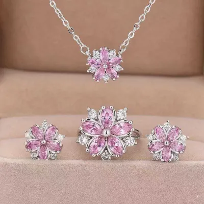 4 pcs Pink Crystal Snowflake Flower Jewelry Set 